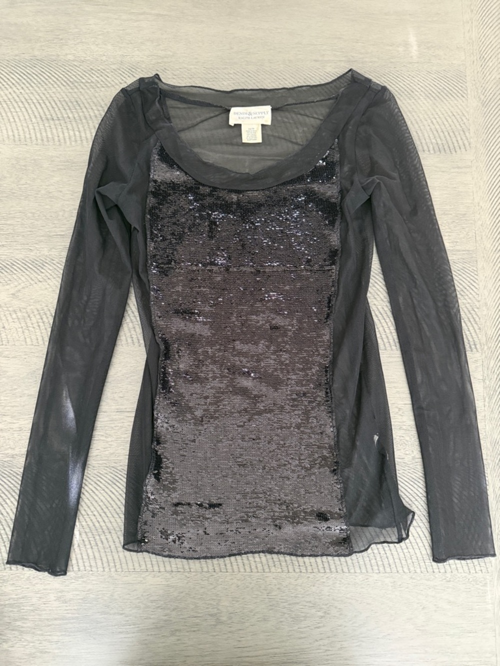 Denim & Supply Ralph Lauren Black Sequin Mesh Long Sleeve Top